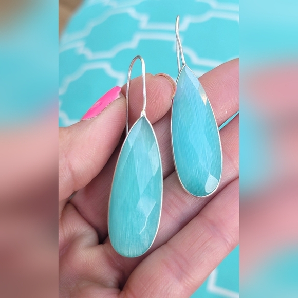 🩵Genuine Cat Eye Gemstone Teardrop Earrings Sterling Silver - Picture 3 of 3